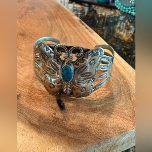 Vintage Bell Trading Post Nickel Silver Turquoise Butterfly 6 3/4" Cuff Bracelet
